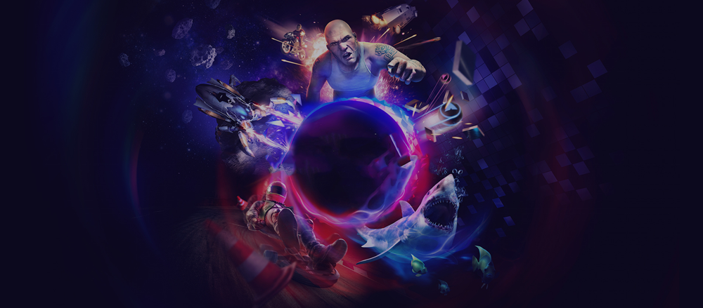 A portal opening into the game universe, with racers, fighters and creatures pouring out of it